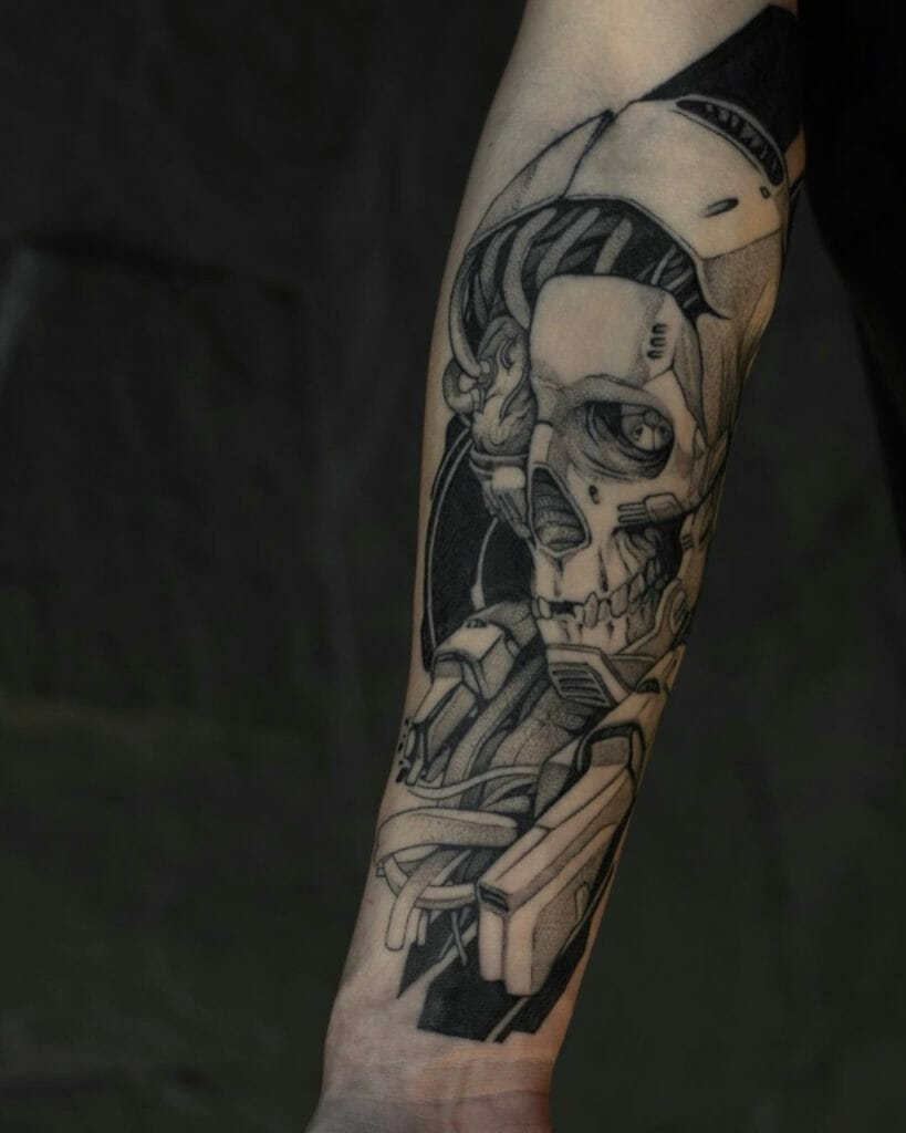 Black and Gray Cyberpunk Tattoo Sleeve Design