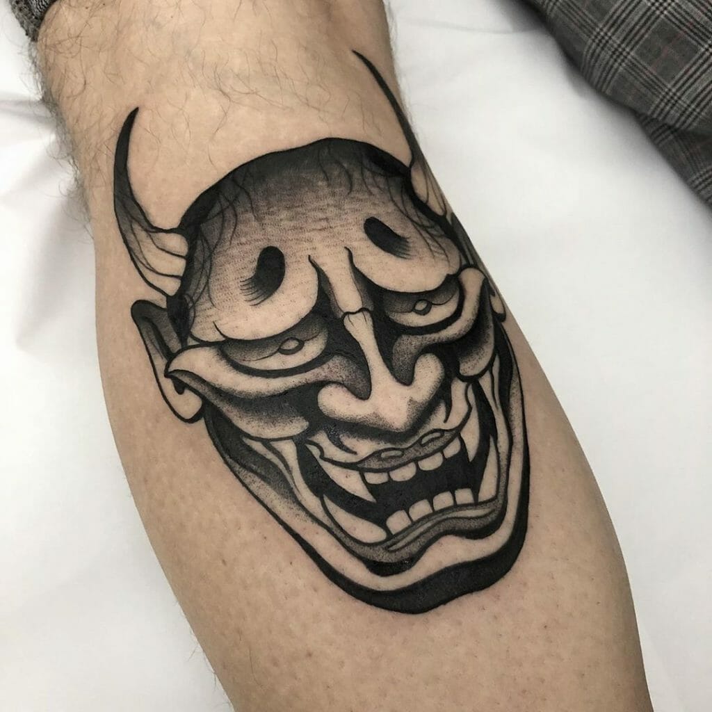 Black and Gray Japanese Oni Demon Head Tattoo Design