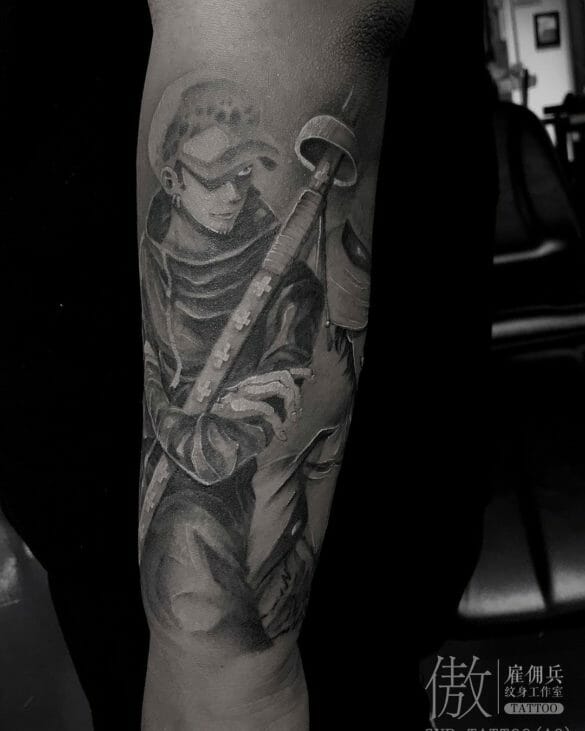 54+ Trafalgar Law Tattoo Designs You Need To See! - Black AnD White Ink Tattoo One Piece Law Trafalgar Sleeve 2 585x731