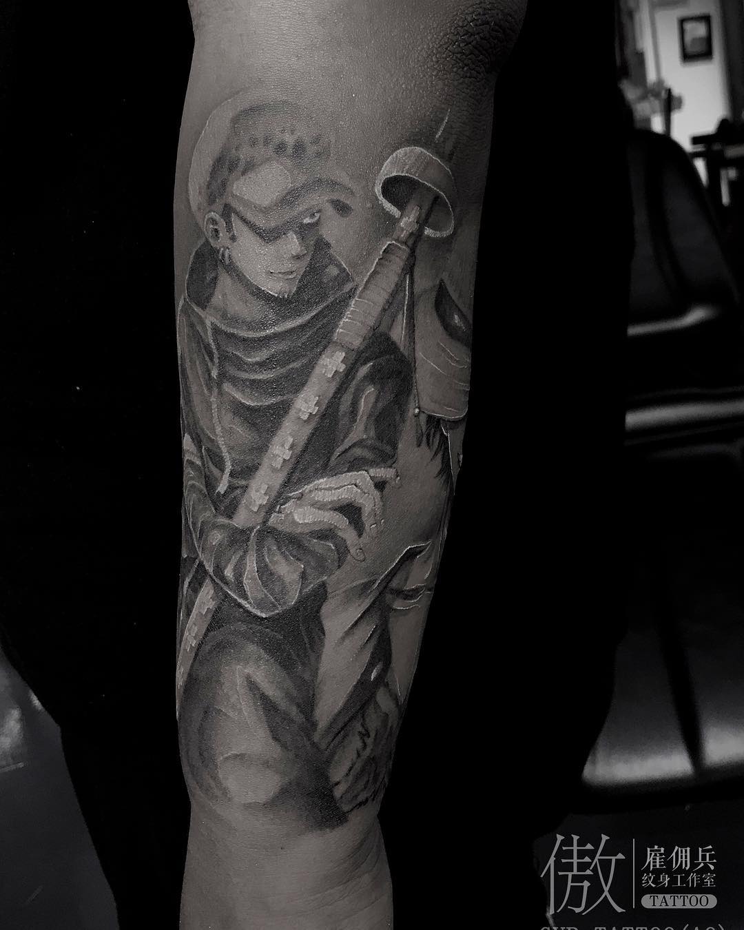 54+ Trafalgar Law Tattoo Designs You Need To See! - Black AnD White Ink Tattoo One Piece Law Trafalgar Sleeve 2