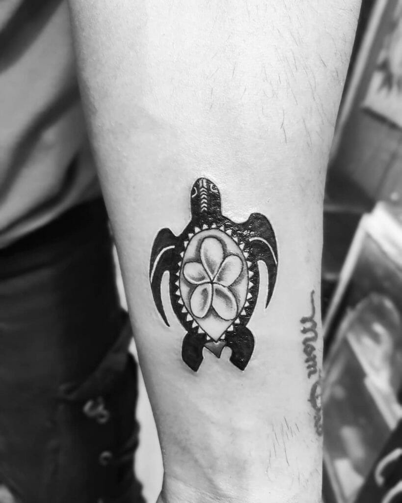 Black and White Ink Turtle With Flower Shell Design Roman Reigns Inspired Tattoo