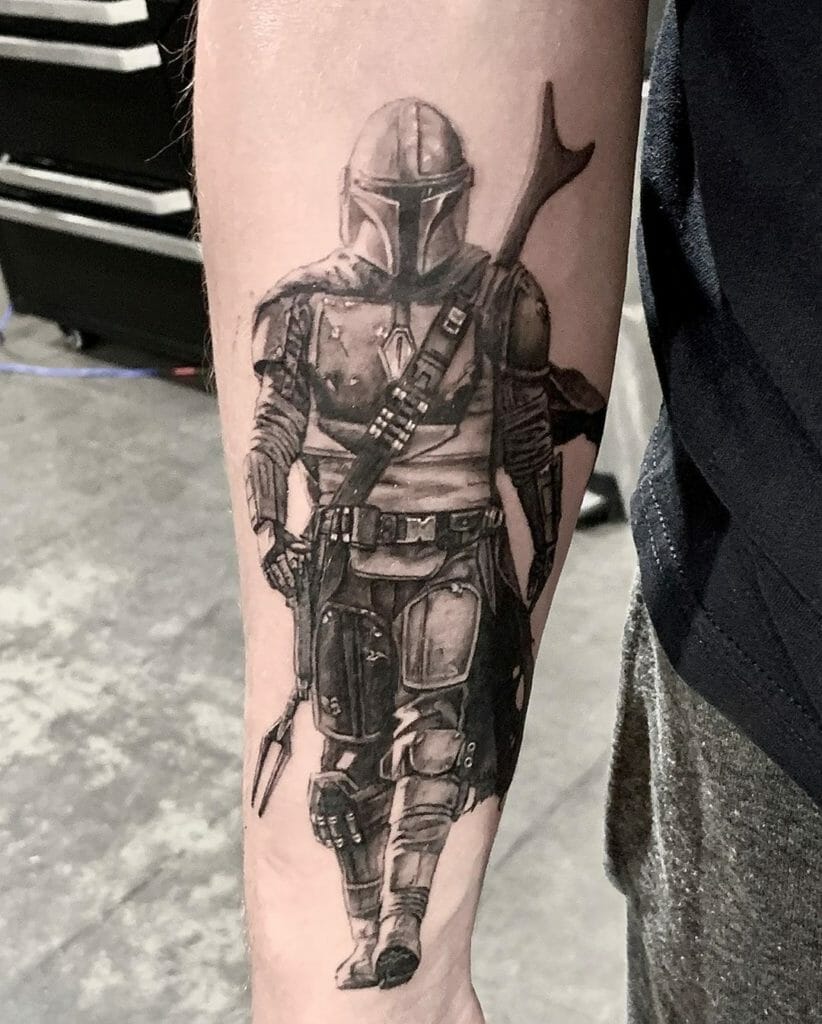Black and White Mandalorian Tattoo Full Armor Ideas