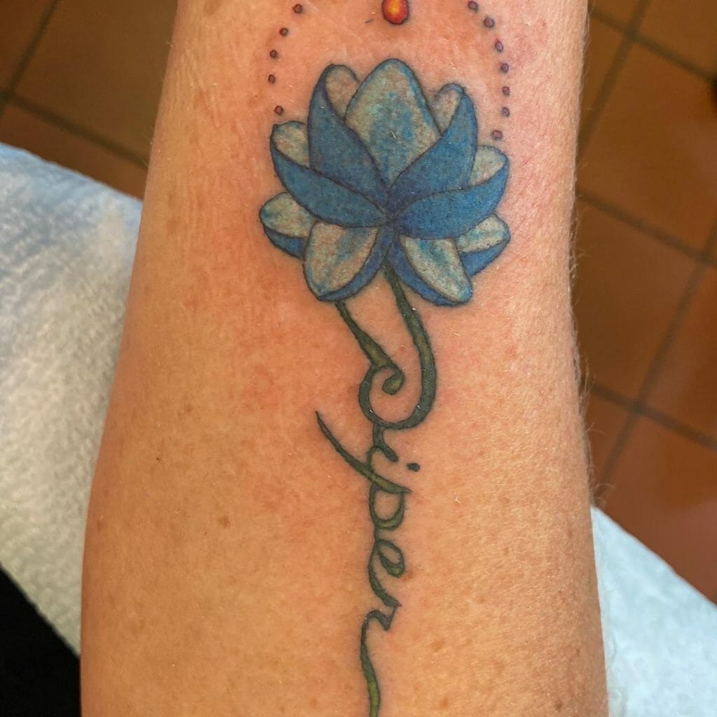 Blue Lotus With Name Stem Tattoo Design