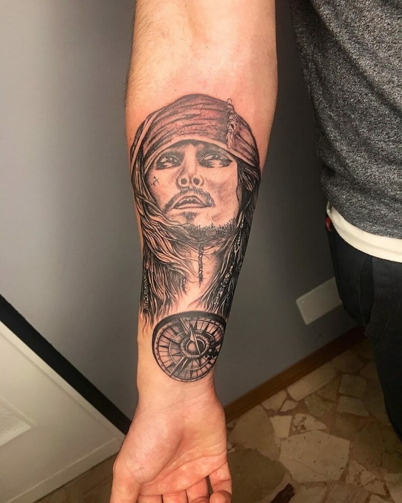 Captain Jack Sparrow Black and White Portrait Tattoo