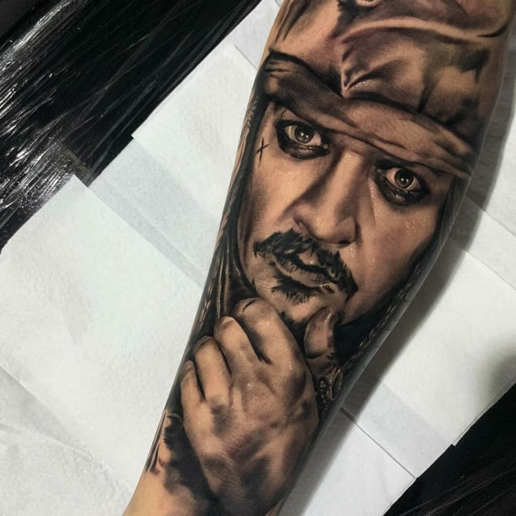 Captain Jack Sparrow Portrait Ink Work Sleeve Tattoo