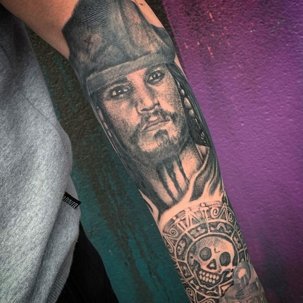 Captain Jack Sparrow and The Medallion Tattoo Black and Gray Sleeve
