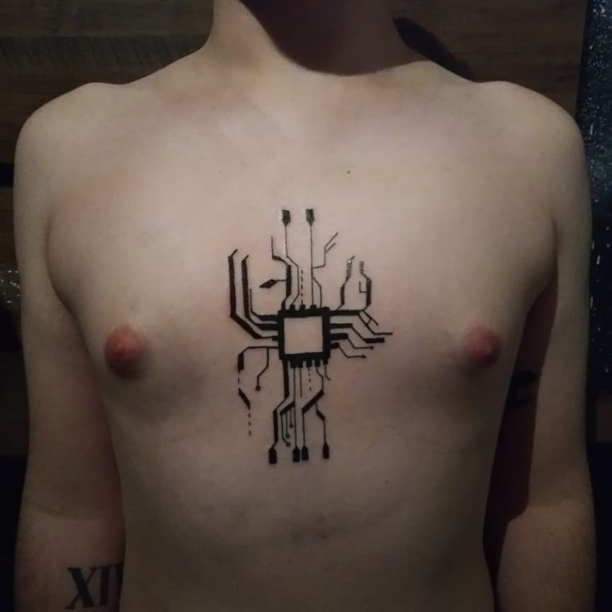 Chest Circuit Board Implant Tattoo