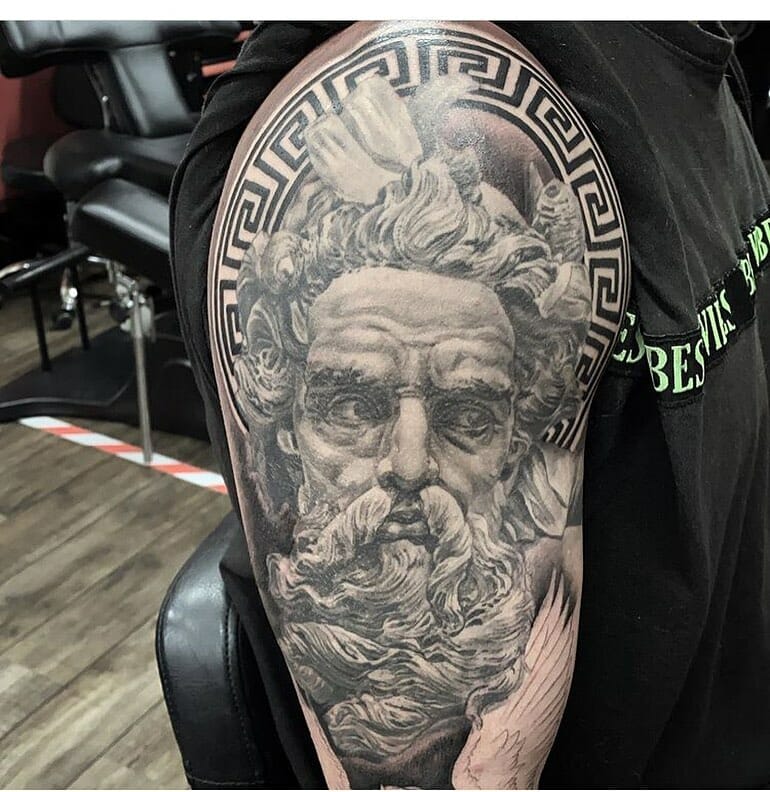 Classical Black and Grey Zeus Greek God Tattoo