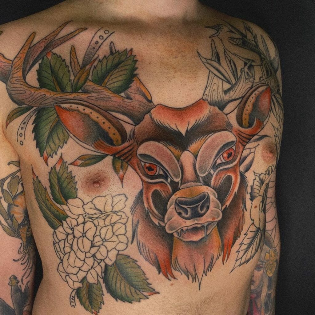 Colored Chest Tattoo Of Deer For Men