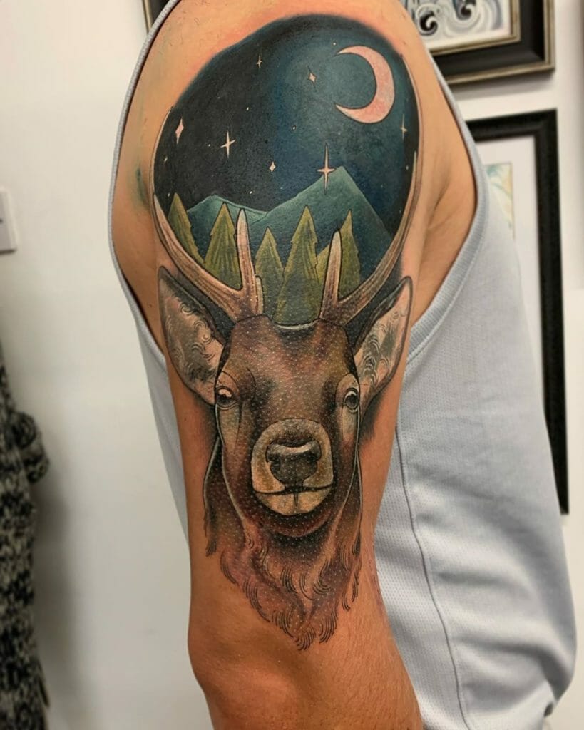 Colorful Big Buck Head Tattoo For Men
