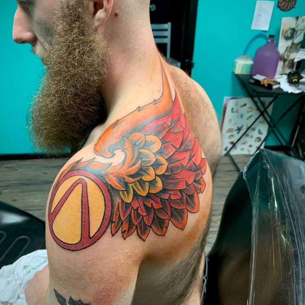 Colorful Shoulder Borderlands Tattoo Logo With Phoenix Wing Game Tattoos For Men