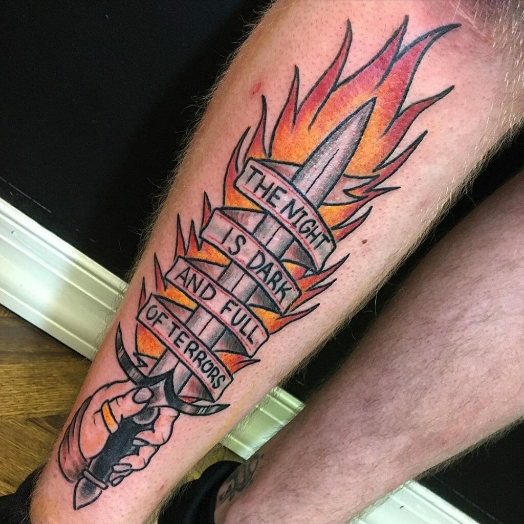 Cool Game of Thrones Tribute Image Banner Tattoo Idea Shin Placement