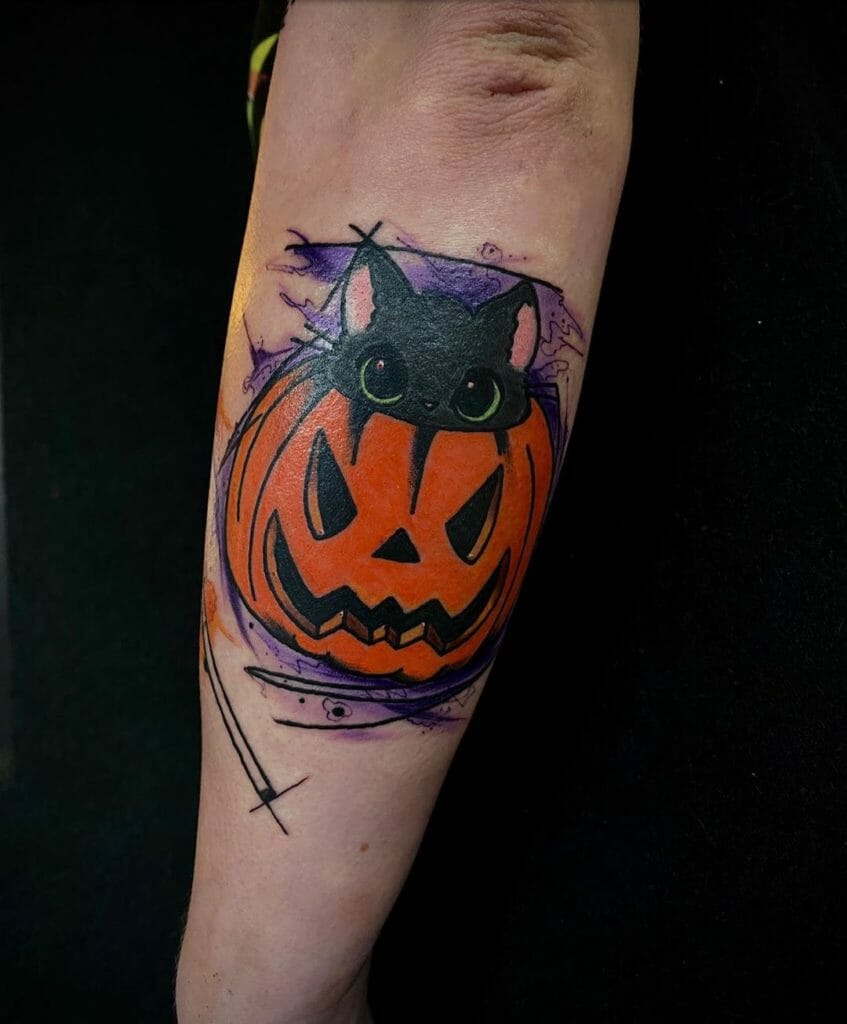 Cute Black Cat in Pumpkin Halloween Tattoo