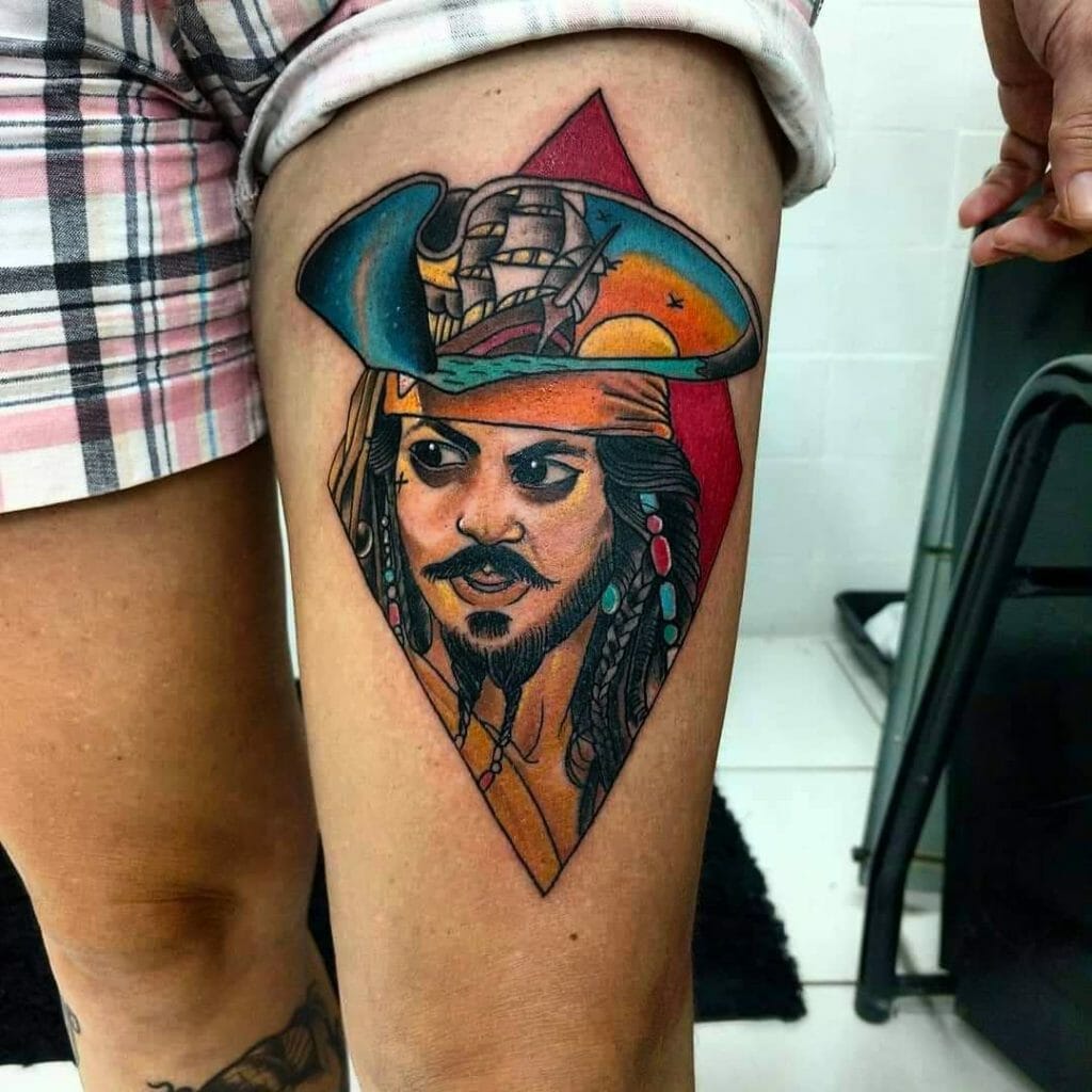 DIsney Stylized Captain Jack Sparrow Tattoo Thigh Placement
