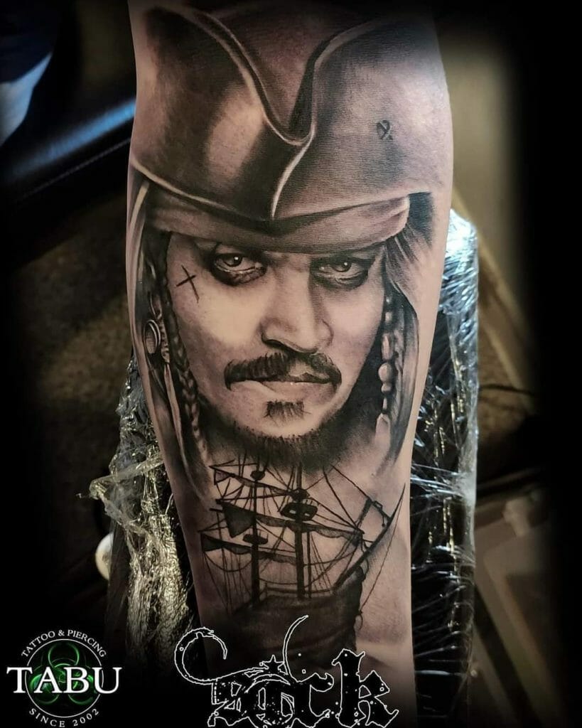 Dramatic Looking Captain Jack Sparrow Tattoos With Black Pearl Design