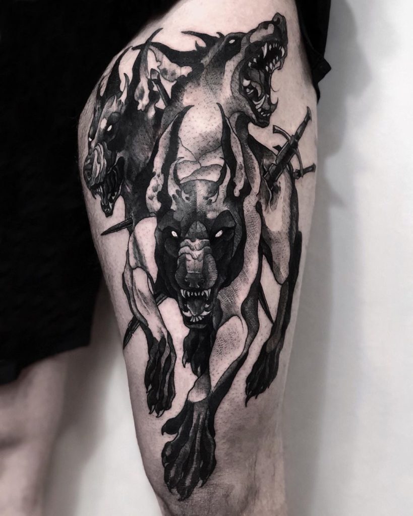 Epic Black And Gray Ink 3 Headed Dog Tattoo