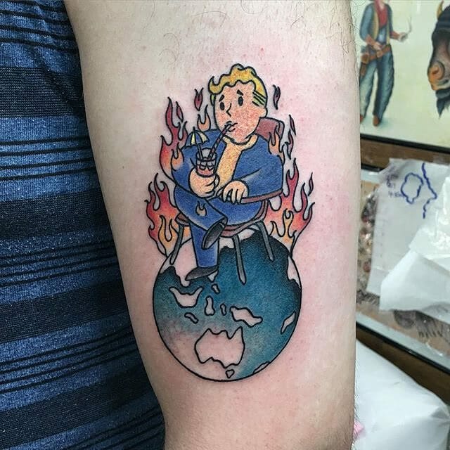 Fallout 3 Vault Boy Burning Earth Tattoo