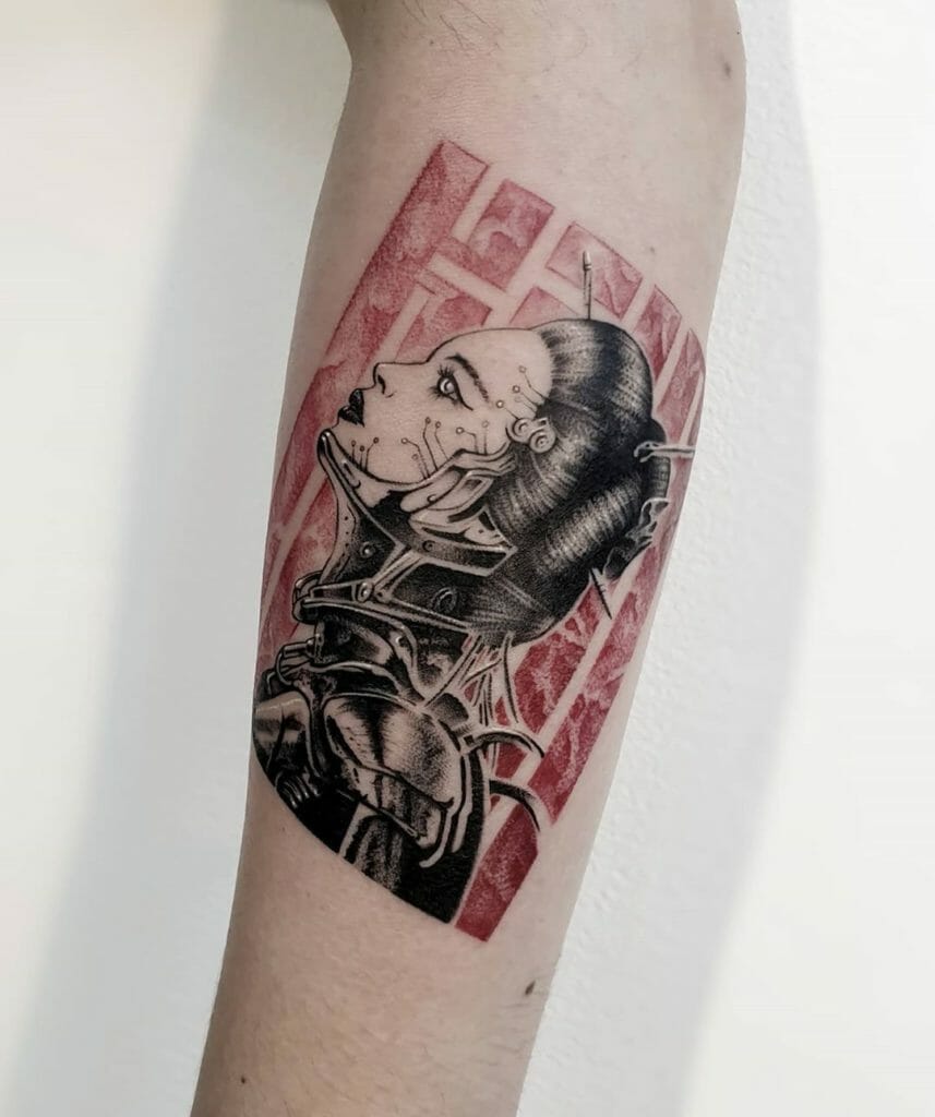 Female Cyborg Tattoo With Red Script Background