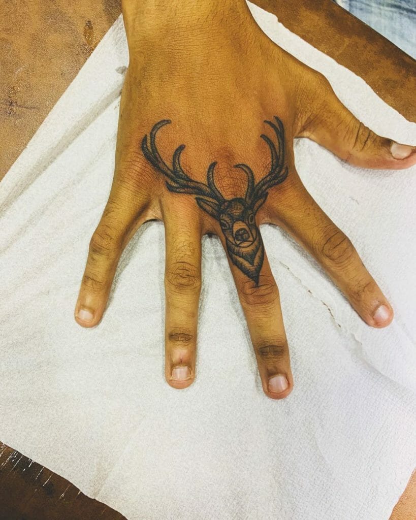Finger Black Men Deer Antlers Tattoo