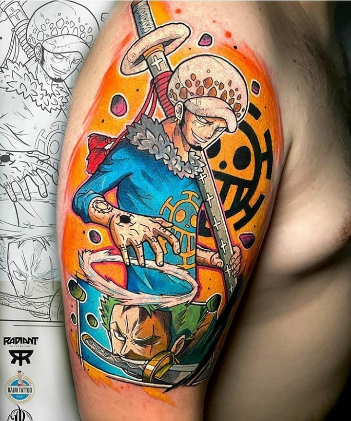 Full Color Trafalgar Law vs Roronoa Zoro One Piece Art Tattoo