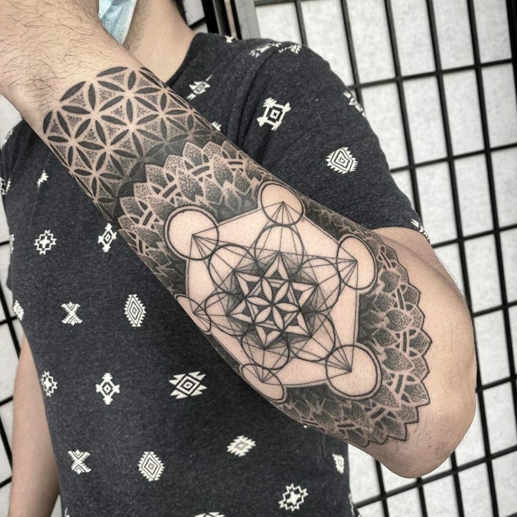 Geometric Metatrons Cube and Flower Of Life Black and Gray Sleeve Tattoo Designs