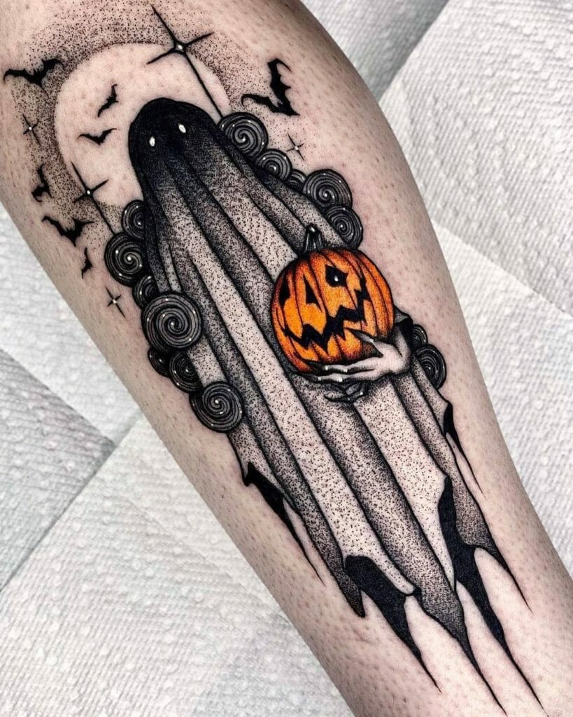 Ghost and Pumpkin Halloween Tattoo