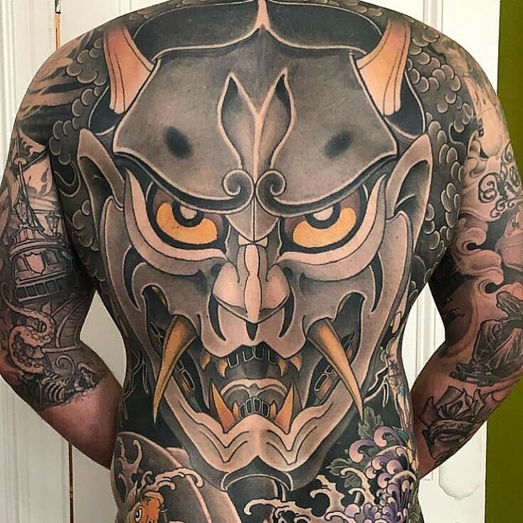 Gray and Yellow Majima Inspired Demon Tattoo