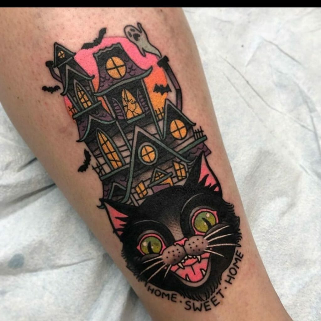 Haunted House and Black Cat Halloween Tattoo