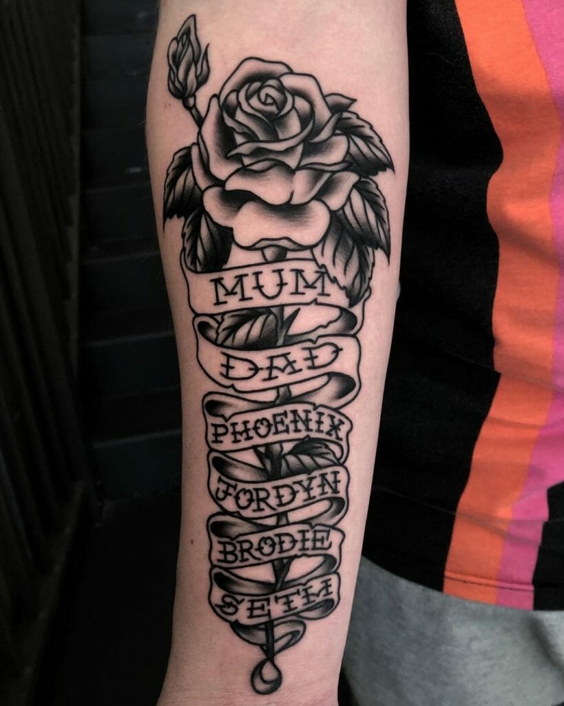 Heartwarming Family Tattoo Banners With Names and Rose Design