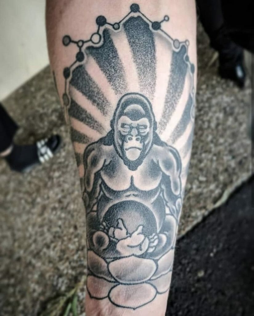 Higher Being Gorilla Doing Yoga Black and Gray Ink Tattoo
