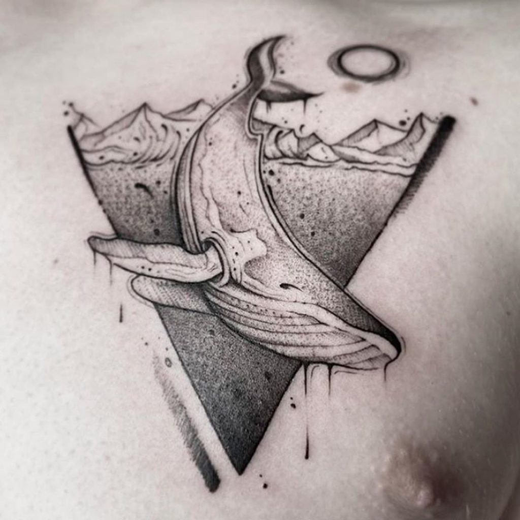 Humpback Whale Dotwork Triangular Chest Tattoos
