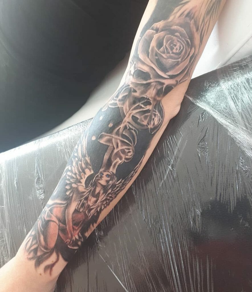 Incredible Angel Rose and Smoke Tattoo Black and Gray Sleeve Tattoo Designs