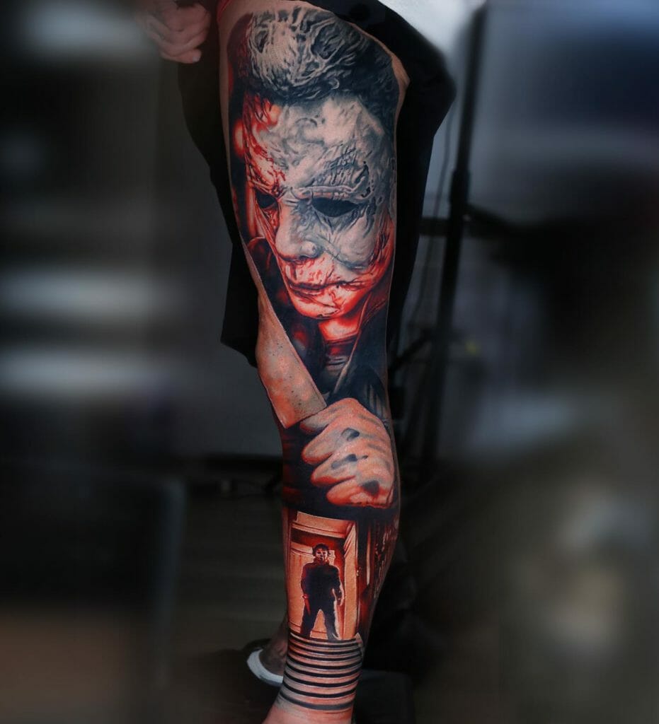 Incredible Burned Michael Myers Face Tattoo No Mask Full Color Leg Sleeve Tattoo