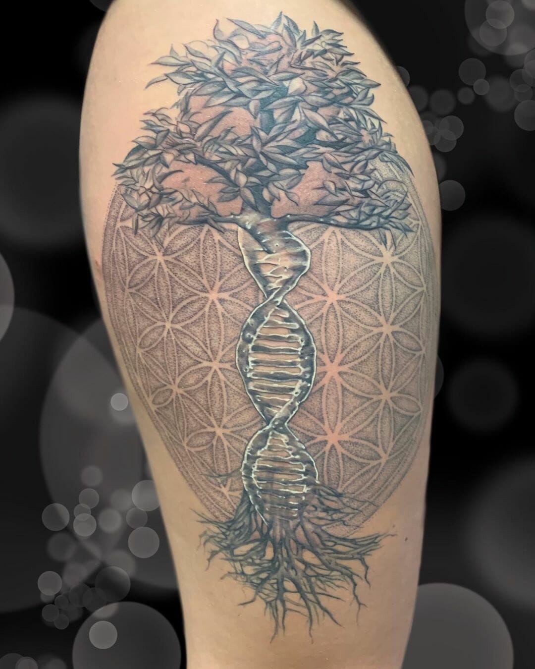 Incredible DNA Tree And Flower Of Life Sacred Geometry Mandala In Black And White Ink