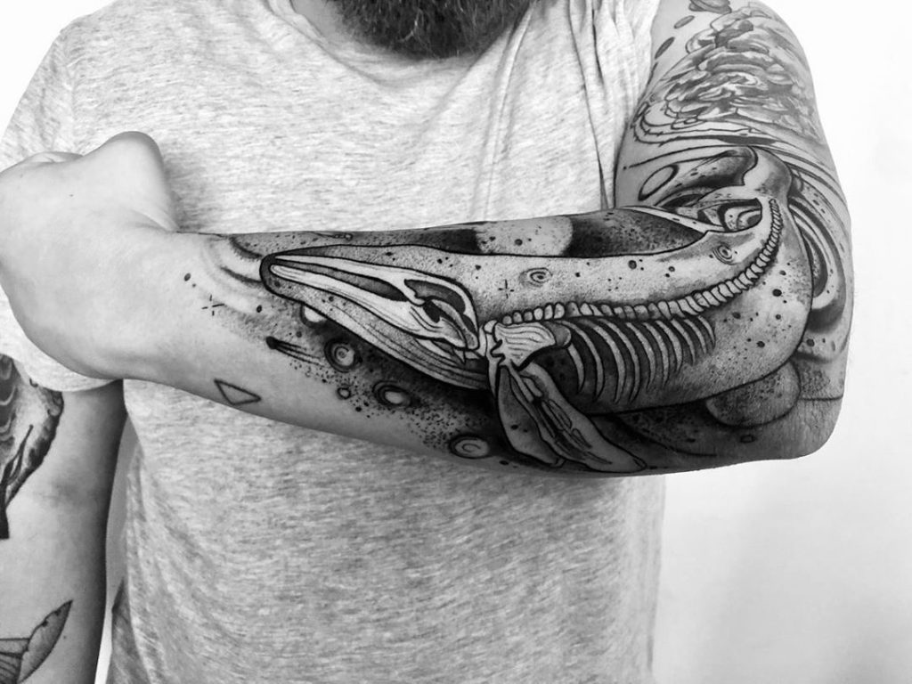 Incredible Grayscale Skeleton Humpback Whale Sleeve Tattoos