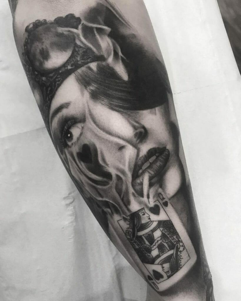 Incredible Realistic Black and Gray Queen of Hearts Smoking Tattoo Sleeve Tattoo