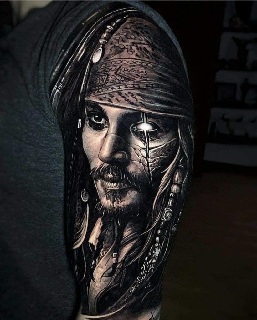Incredibly Realistic Pirate Jack Sparrow Tattoo Sleeve