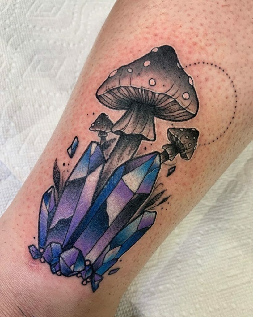 Indigo Crystal Tattoo With Mushrooms Design