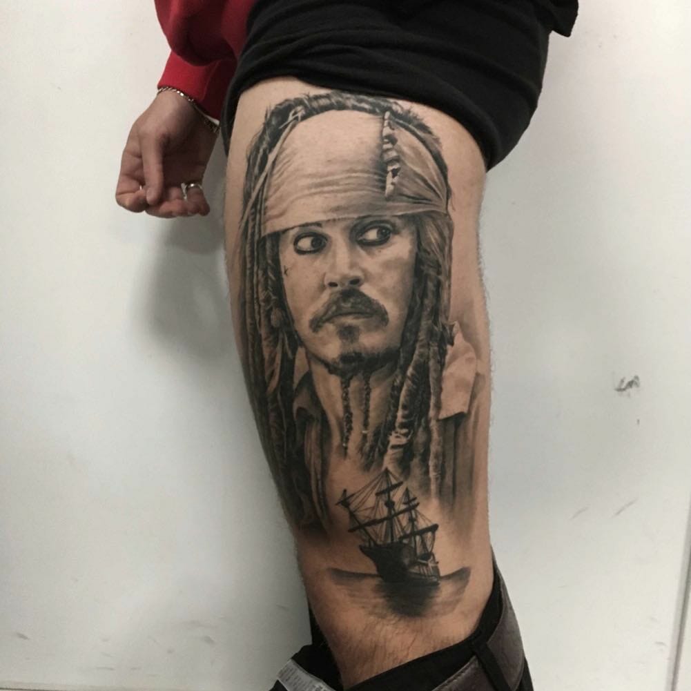 Large Captain Jack Sparrow Tattoo With the Black Pearl Ship