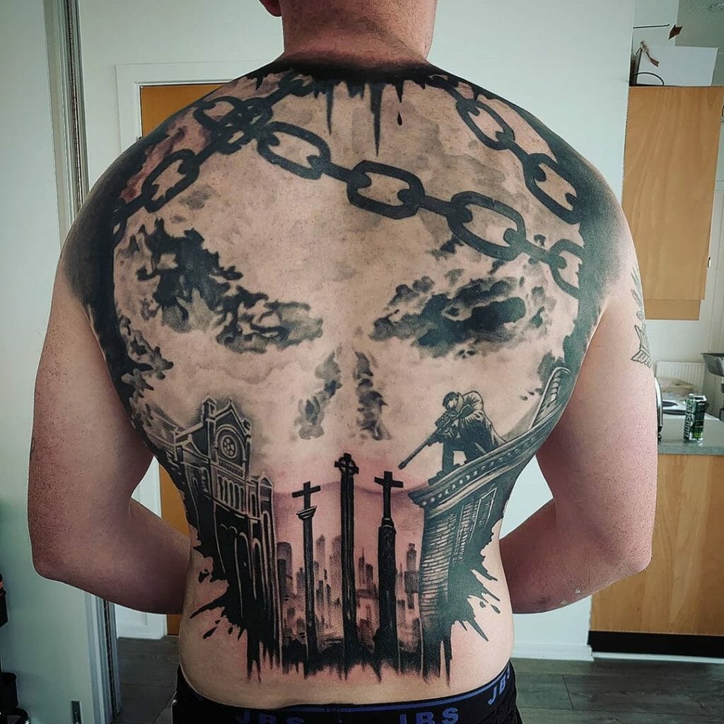 Large & Noticeable The Punisher Tattoo Over Back