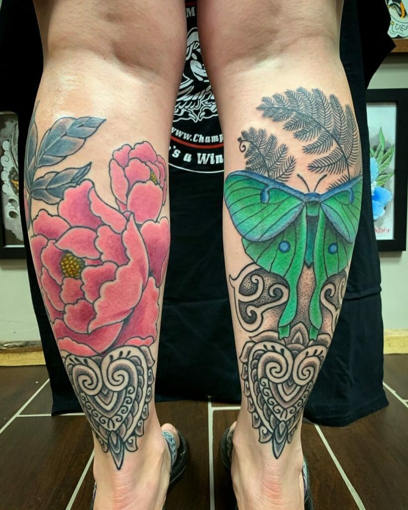 Luna Moth and Peony Calf Muscle Tattoo