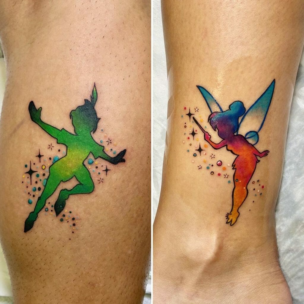 Matching Colorful Peter Pan and Tinkerbell Tattoos Outsons