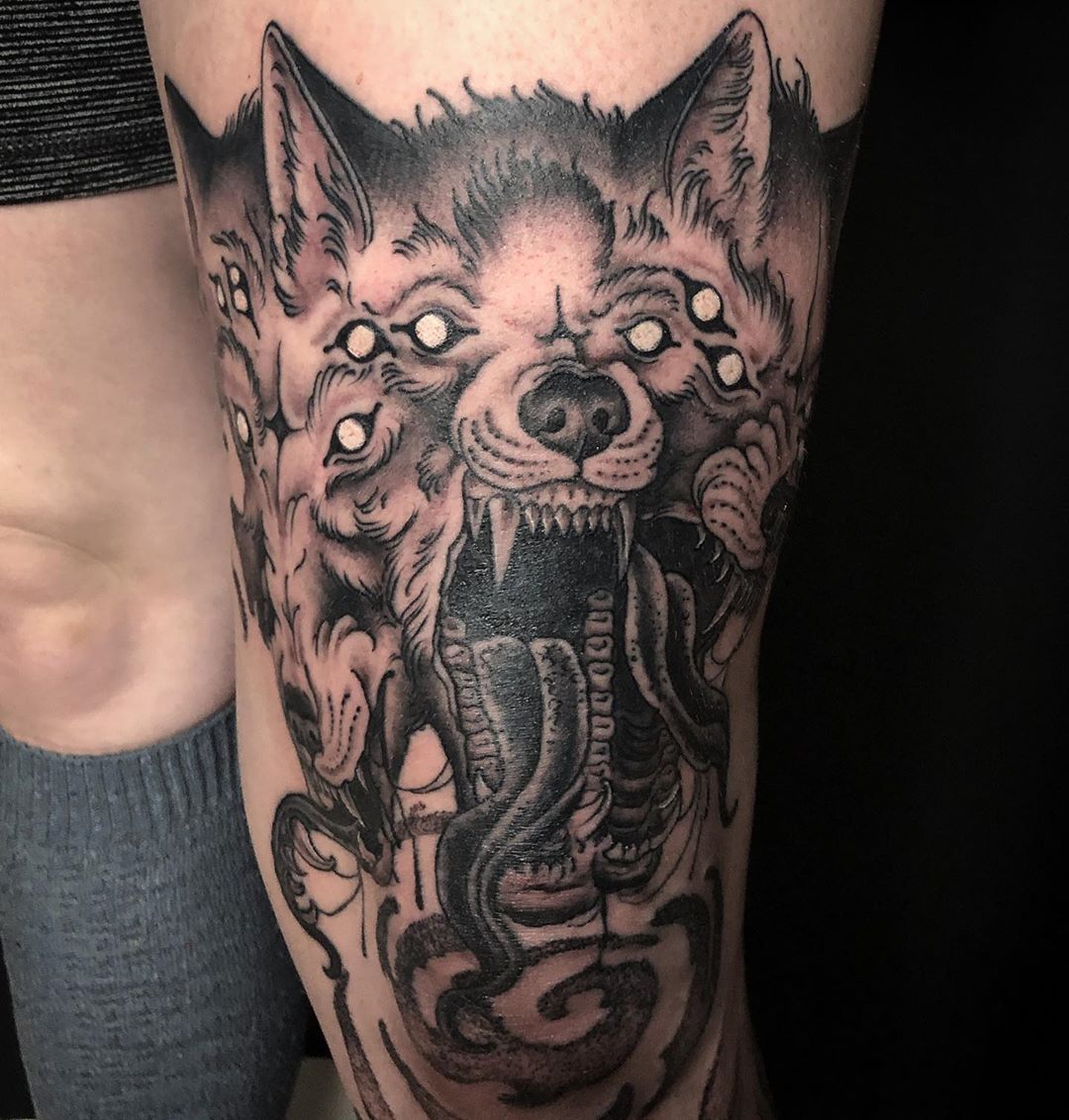 Menacing Doom Pupper In Black And Gray Cerberus Tattoo