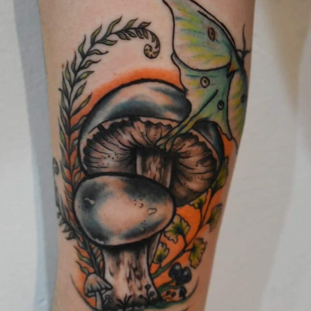 Moon Moth with Mushrooms and Plant Life Tattoo idea