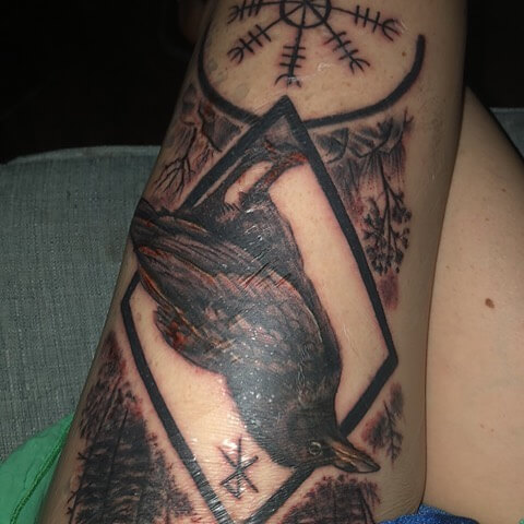 Odin’s Messenger Raven In Forest Norse Tattoo