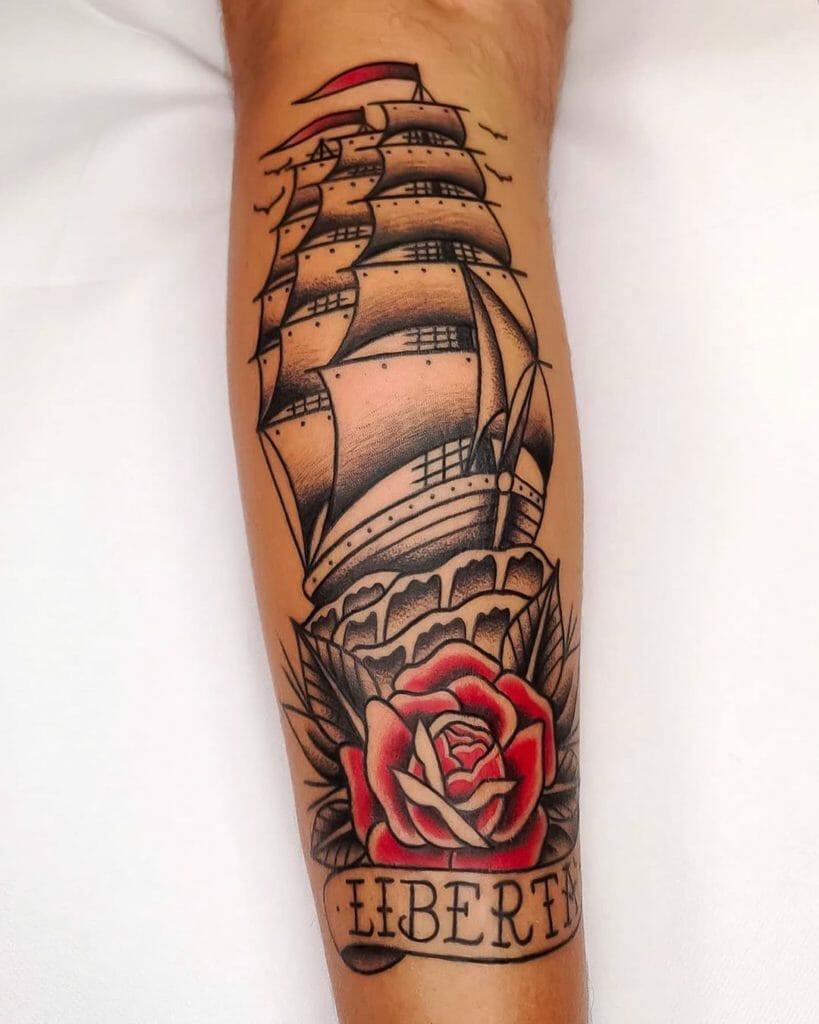 Pirate Ship and Rose Tattoo Stencil Idea