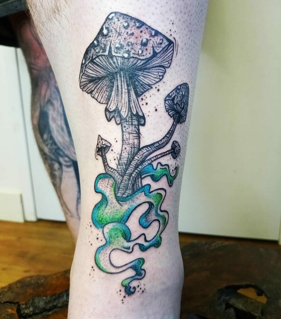 Psychedelic Mushrooms and Colorful Smoke Tattoo Designs Leg Placement