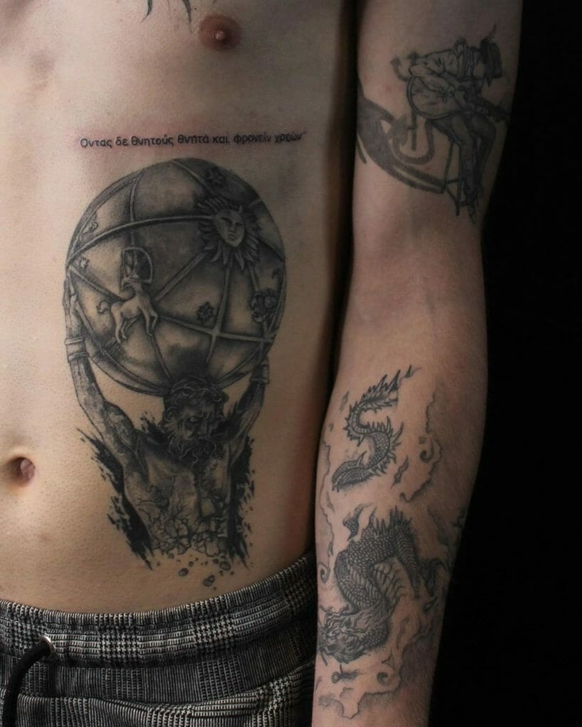 Quote in Greek and Traditional Atlas Design Tattoo