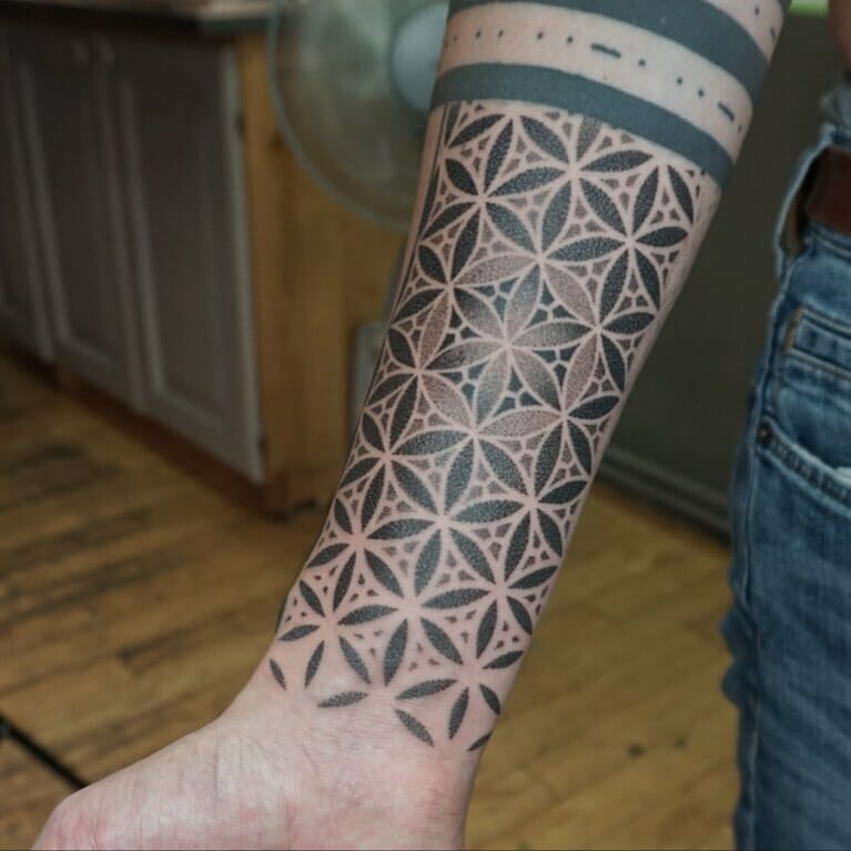 Sacred Geometry Flower Of Life Tattoo Black And Gray Pattern Wrist Tattoo Design