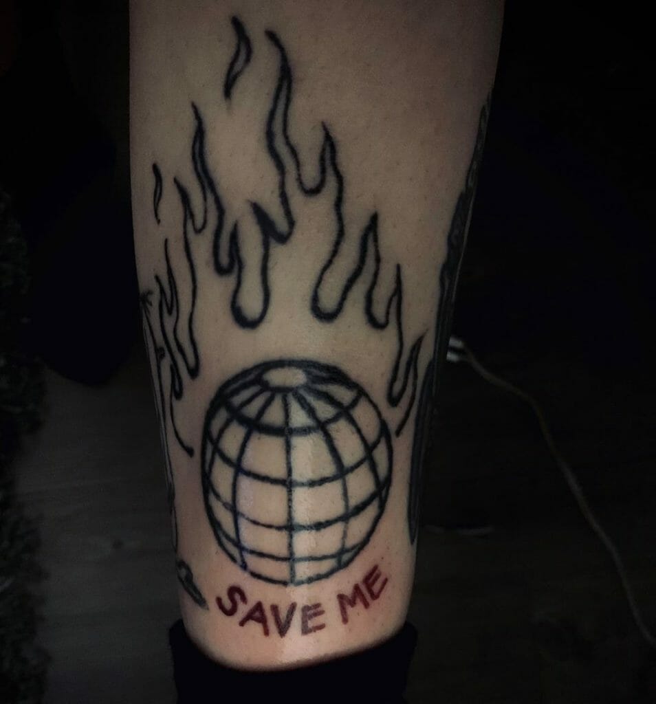Save The Earth Tattoo On Fire Design